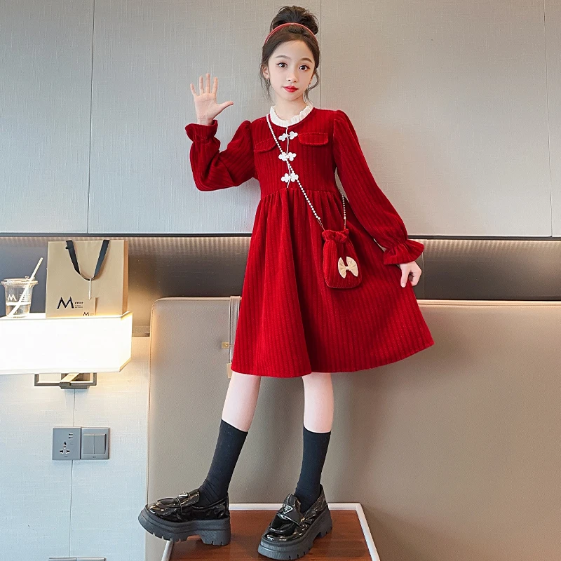 女童连衣裙冬装2024新款加绒女孩红色秋冬裙子儿童公主裙童装冬季