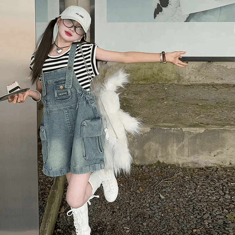 女童夏装牛仔背带裤套装2024新款洋气中大儿童女孩短袖两件套时尚