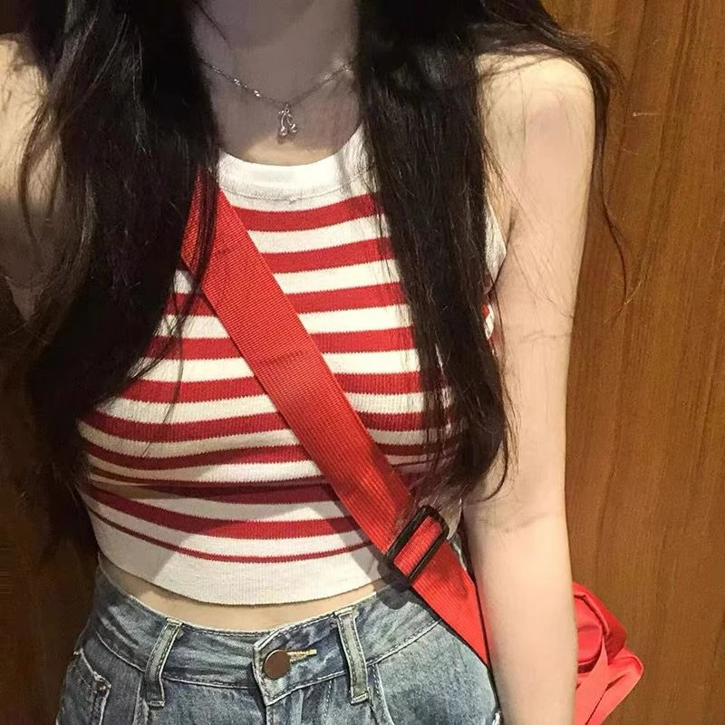 吊带背心女带胸垫美式辣妹条纹夏外穿高腰修身显瘦内搭运动瑜伽