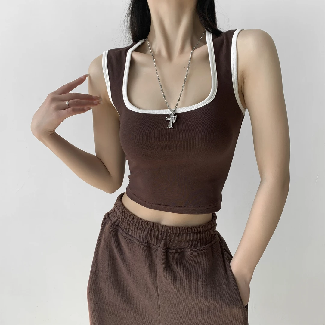 吊带背心女带胸垫欧美方领拼色修身显瘦辣妹运动瑜伽健身打底美背
