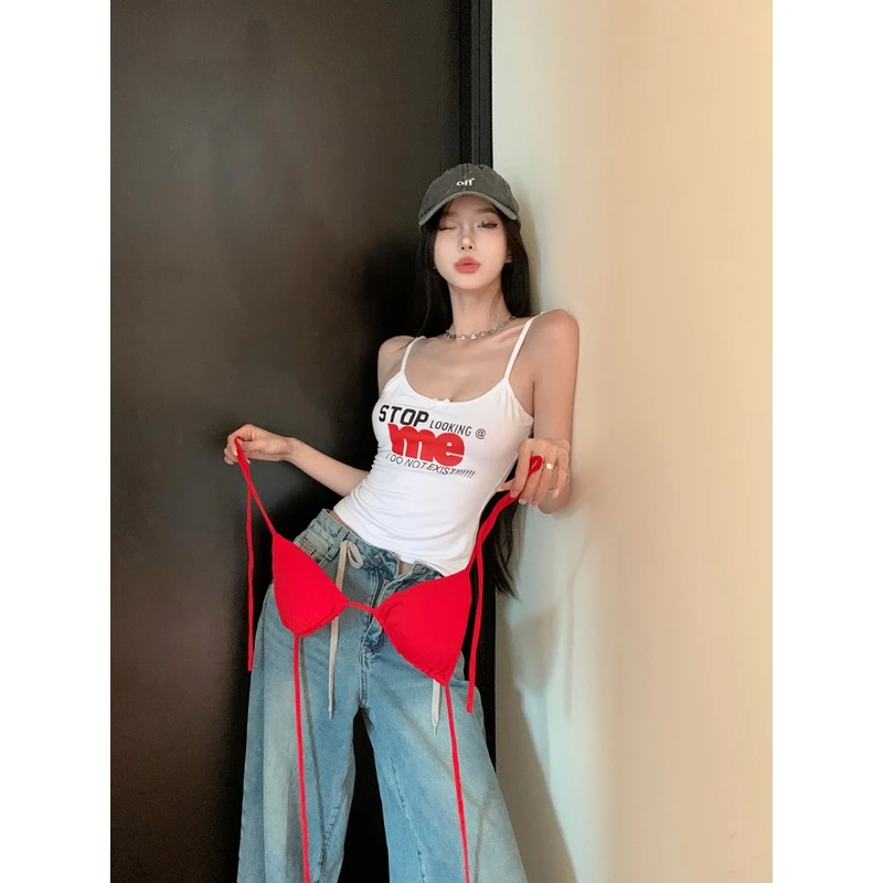吊带背心女带胸垫美式辣妹字母印花比基尼夏修身短款上衣打底美背