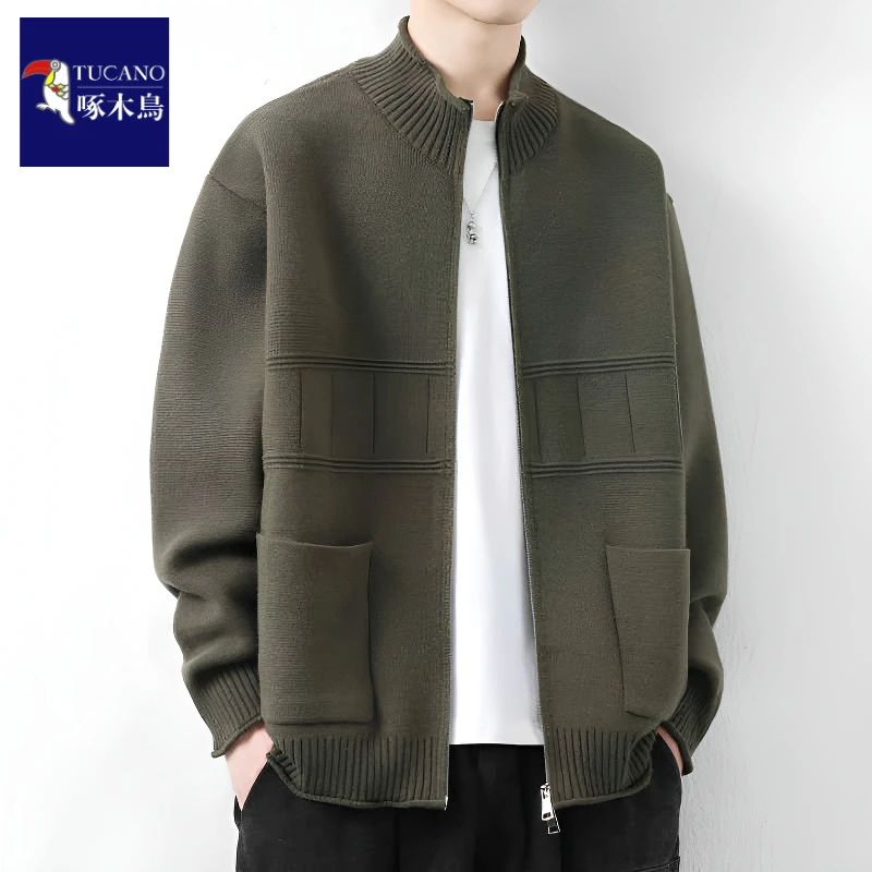 啄木鸟秋冬季立领针织衫外套男潮牌宽松休闲夹克男百搭开衫上衣
