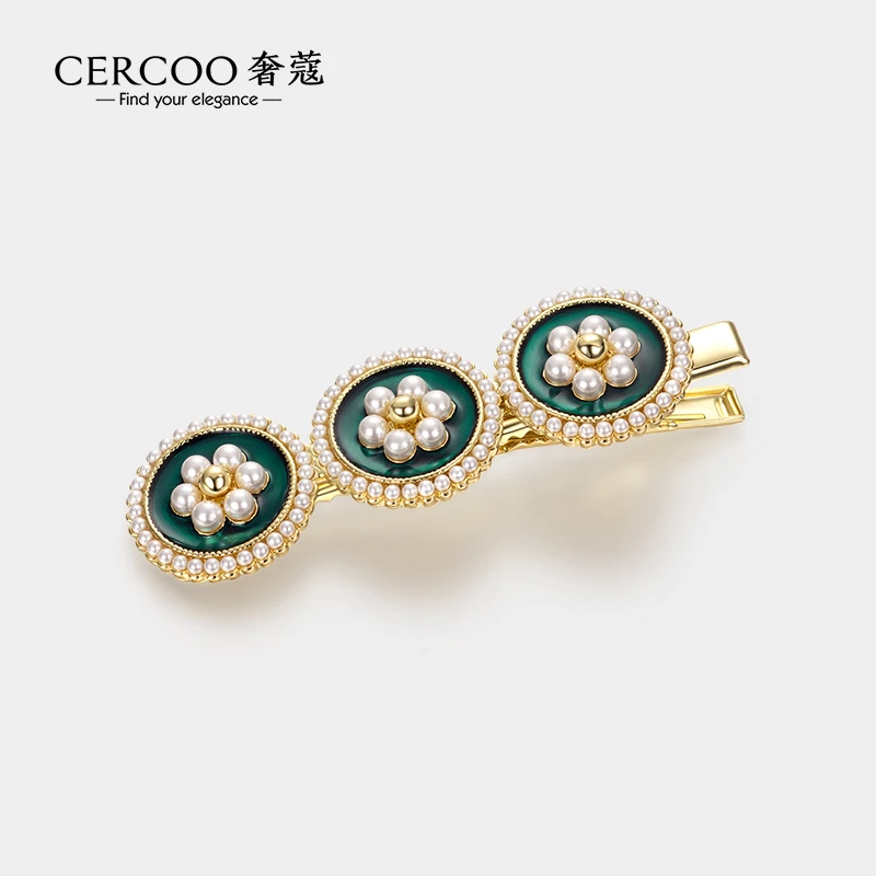 Cercoo/奢蔻 合金仿珍珠发饰 三月清茶手工滴油鸭嘴捏夹刘海顶夹
