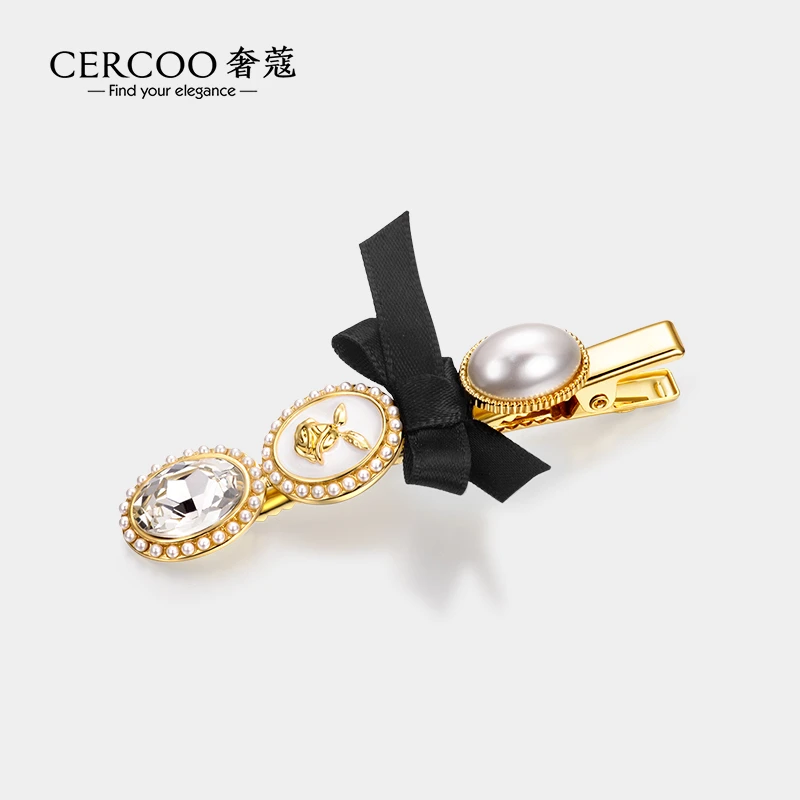 Cercoo/奢蔻 合金仿珍珠发饰 布艺蝴蝶结鸭嘴小香风轻奢侧夹