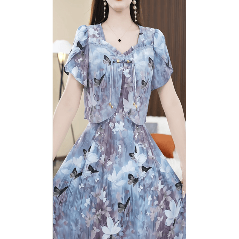 【连衣裙】设计感修身蝴蝶花木耳边桃心领遮肚连衣裙M-5XL