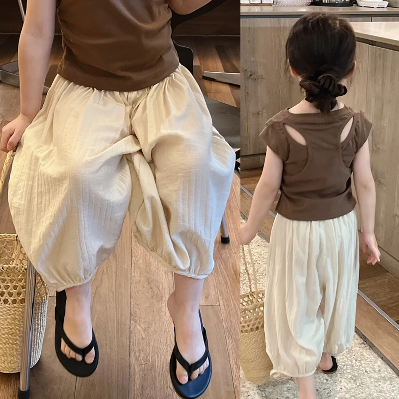 儿童2025夏装女童T恤阔腿裤百搭时尚纯色宝宝防蚊裤洋气夏装套装