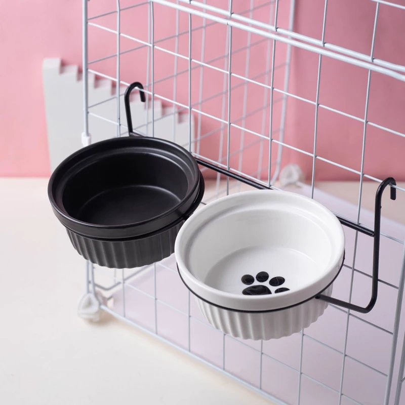 悬挂式陶瓷黑色猫碗双碗挂笼猫食盆饮水碗宠物小猫碗幼犬猫咪饭碗