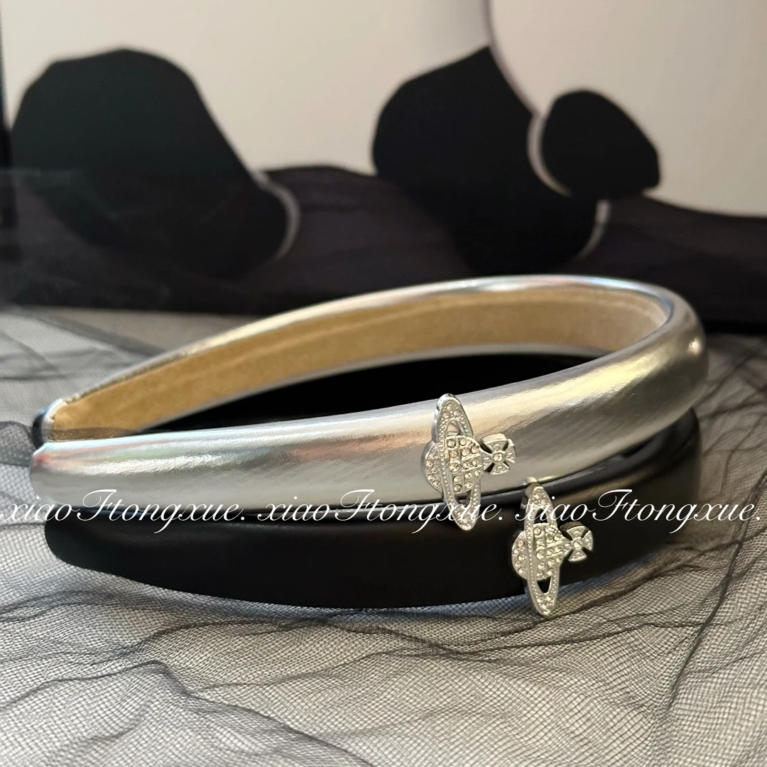 个性小众银色黑色皮质土星水钻发箍新款轻奢高颅顶pu皮质头箍女