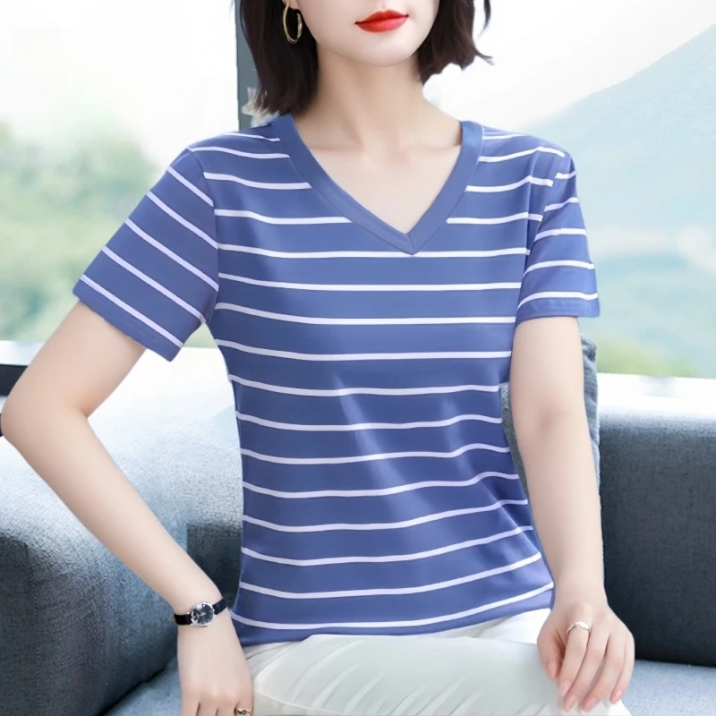 夏季新款条纹短袖t恤女上衣遮肚子大码宽松显瘦妈妈装v领百搭洋气