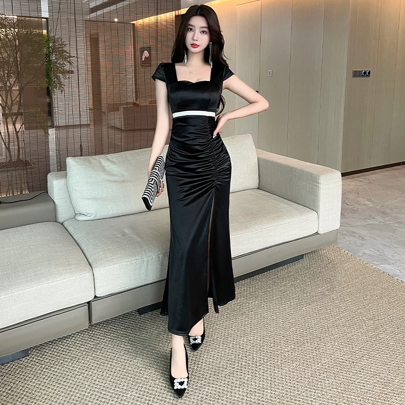 夜店性感方领低胸女装高开叉连衣裙女夏季新款辣妹修身缎面包臀裙