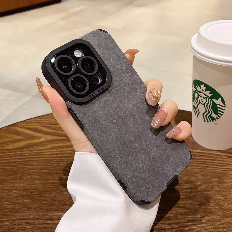 适用苹果15promax磨砂小羊皮iPhone14pro手机壳镜头全包13皮质12