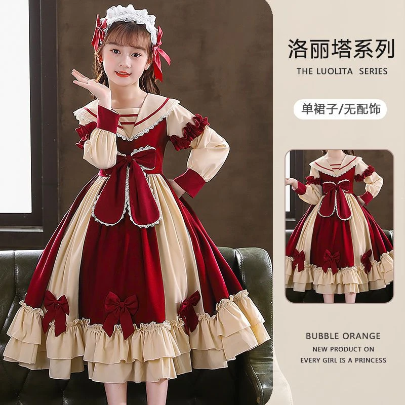 女童长袖连衣裙春秋新款小女孩洋气红色公主裙女宝宝礼服儿童裙子