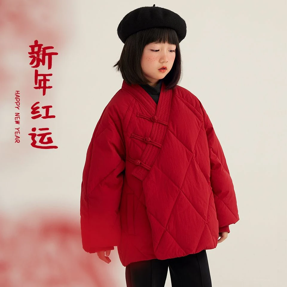 女童棉服外套冬季新中式红色国风棉衣洋气复古中国风加厚保暖棉袄