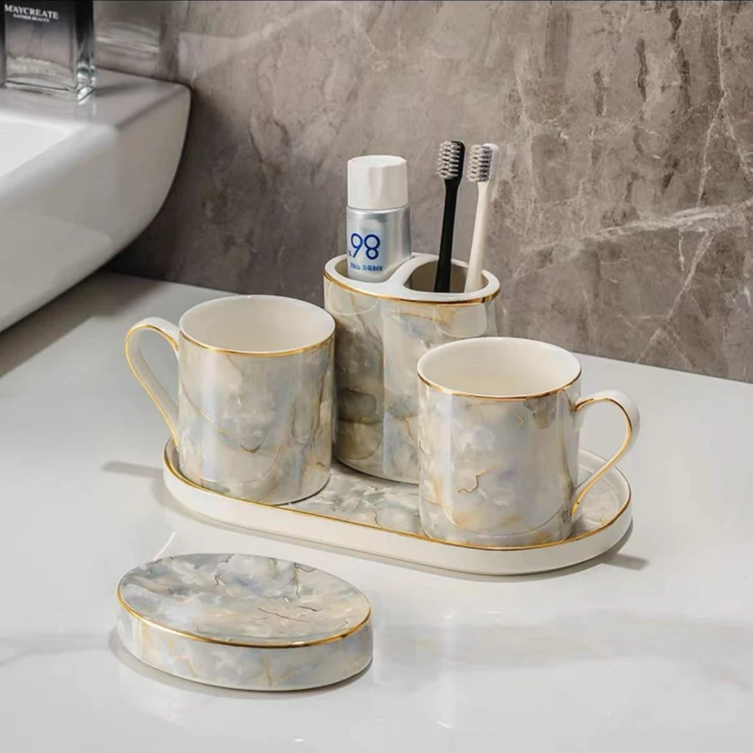 刷牙杯陶瓷洗漱四件套家用情侣轻奢牙刷漱口杯套装托盘卫浴牙缸杯