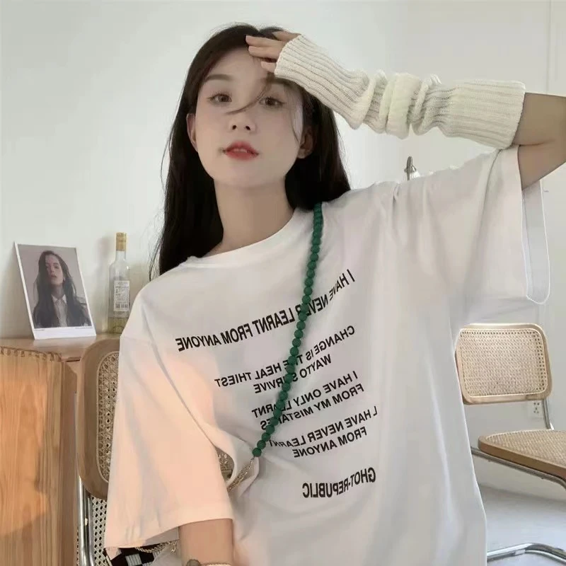 白色100%纯棉重磅insT恤宽松慵懒风半短袖设计感小众hiphop上衣女