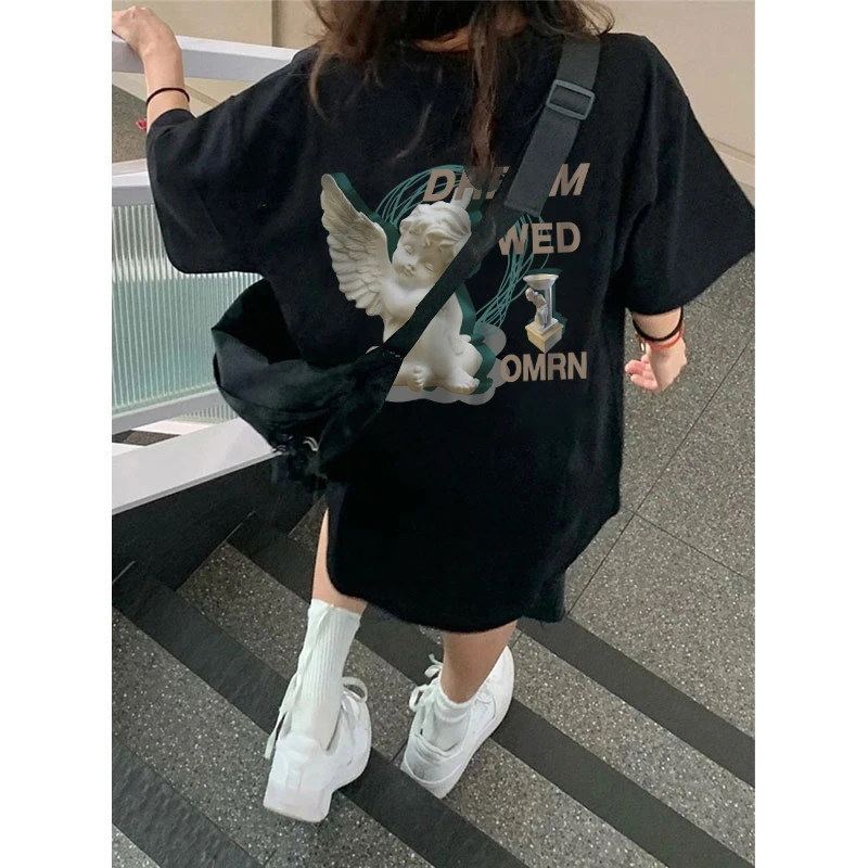 100%纯棉欧美风hiphop黑色短袖T恤女港味chic宽松oversize夏上衣