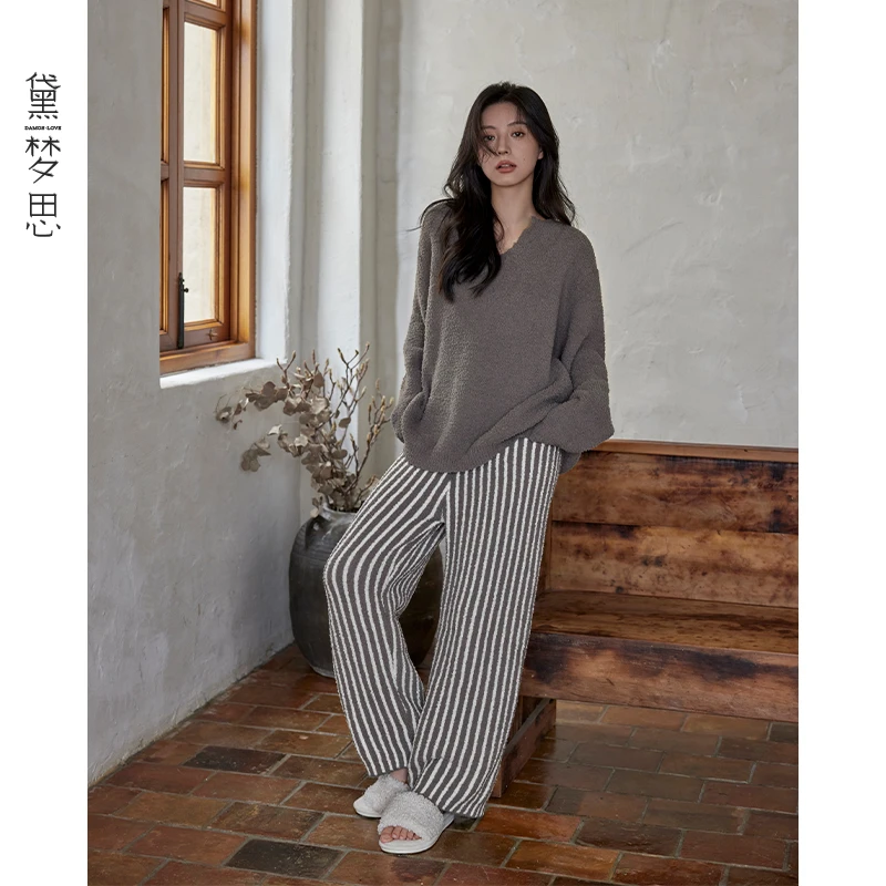 黛梦思毛茸茸睡衣女秋冬半边绒条纹情侣睡衣珊瑚绒家居服女款套装