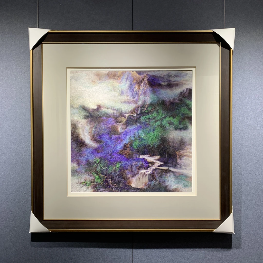 苏绣高山流水纯手工新中式山水餐厅书房玄关挂画