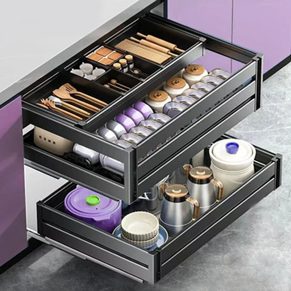 厂家橱柜厨房拉篮双层抽屉式碗碟拉篮全铝合金加厚瓷砖橱柜拉碗篮