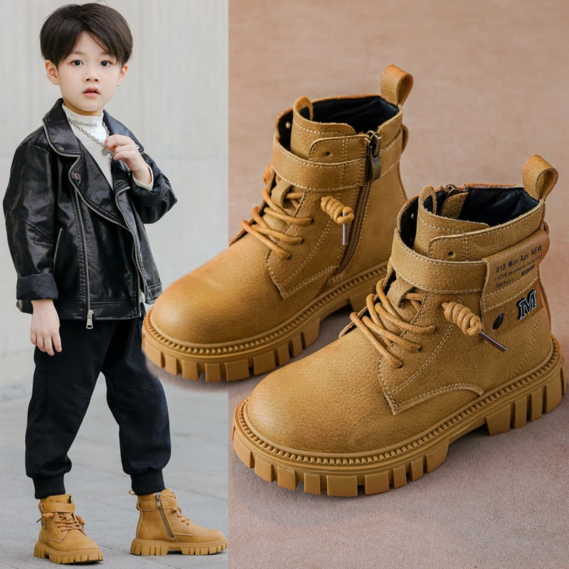 男童鞋子马丁靴真皮2025新款防水高帮男孩秋冬儿童靴子加绒棉短靴