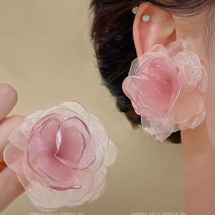 铜合金耳饰 超仙法式复古雪纺花朵耳环温柔氛围感耳钉气质耳饰女