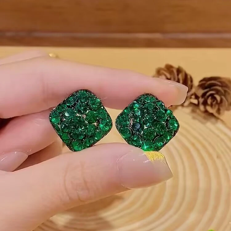 铜合金耳饰 绿色满钻耳环女韩国气质复古耳饰高级感精致时尚耳钉