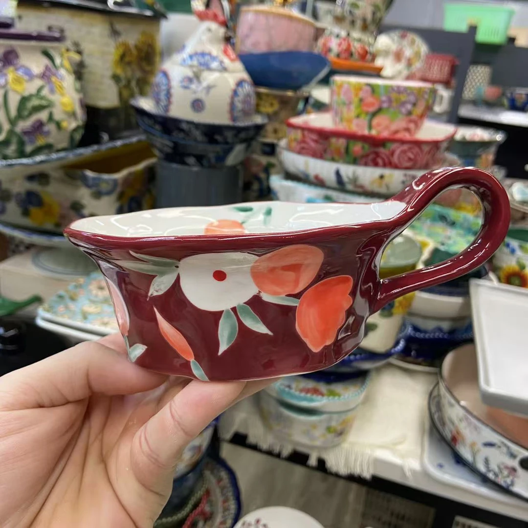 花开富贵手绘6寸宽口曲把汤碗