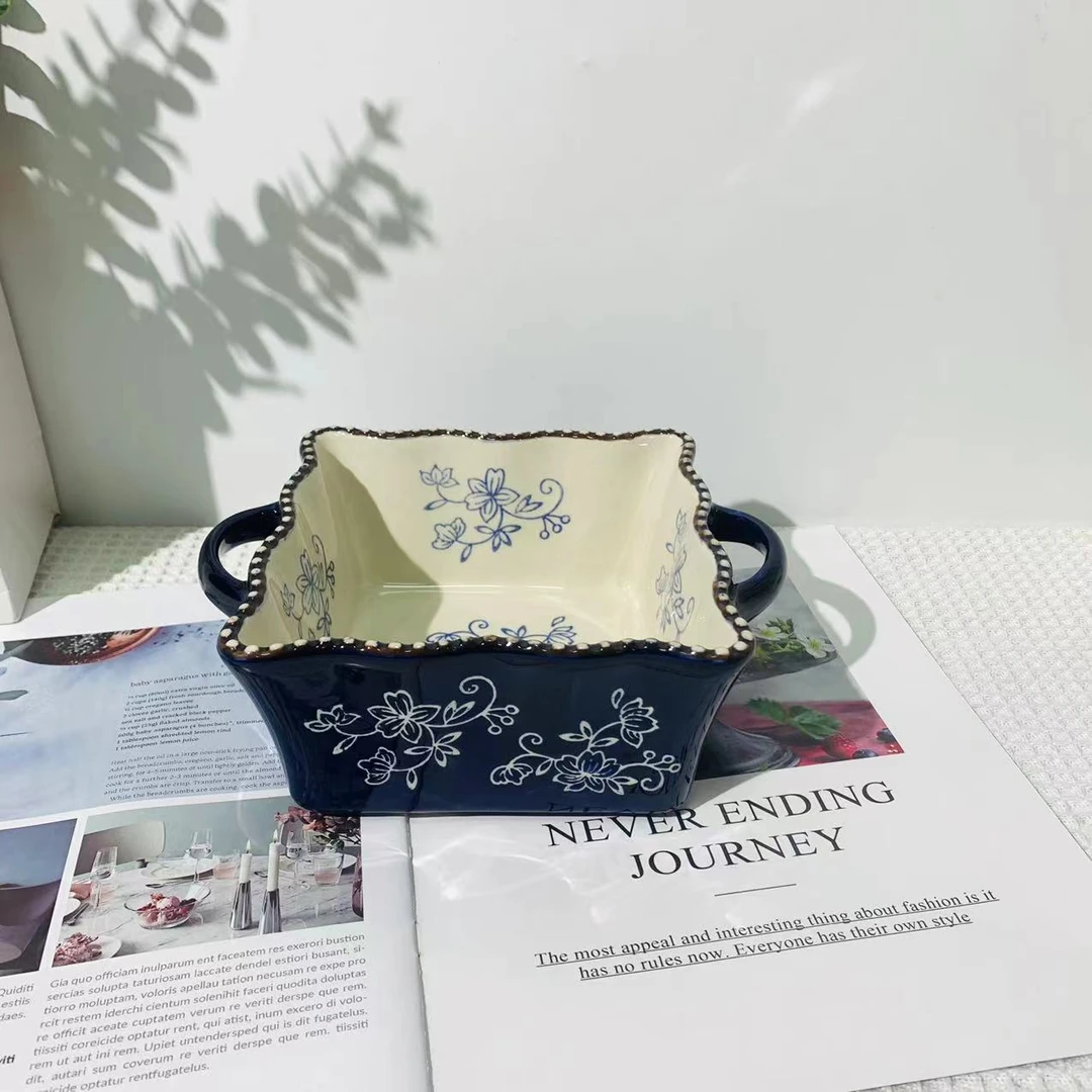 蓝花藤8寸花边珠点双耳四方汤碗