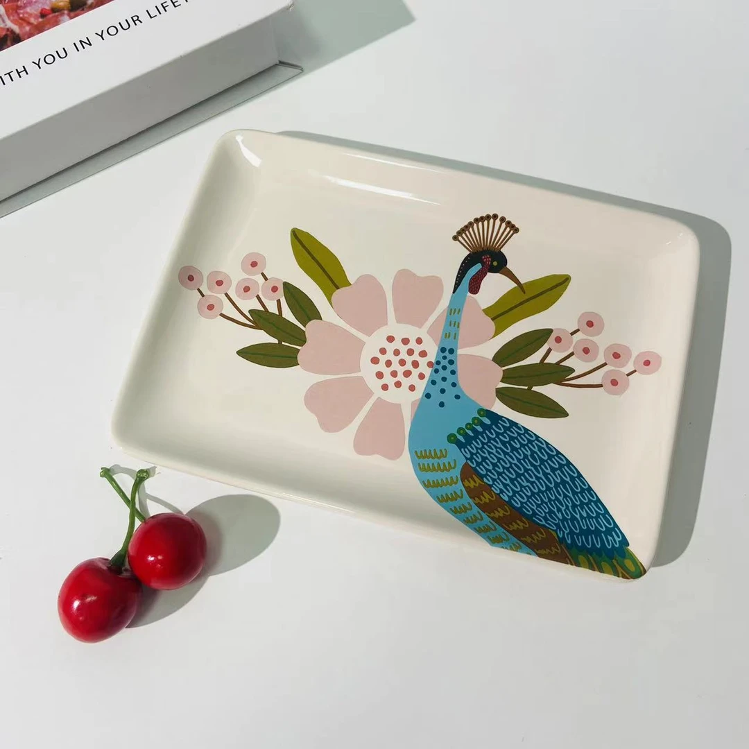 陶瓷孔雀长方形菜盘吐骨碟饰品盘餐盘