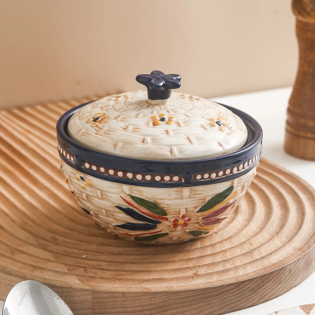 竹编手雕五彩盖碗