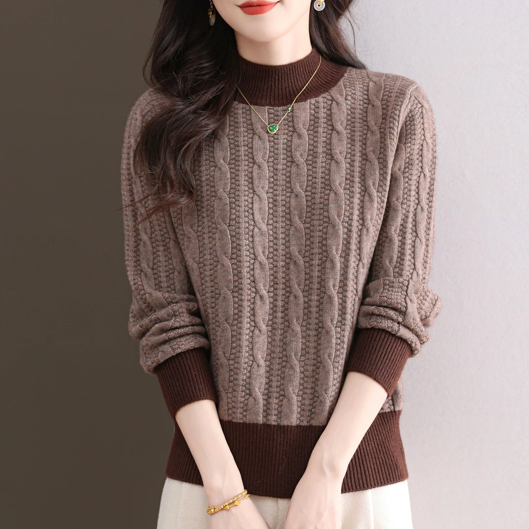 冬季女士半高领套头拼色提花长袖宽松显瘦洋气百搭加厚毛针织衫