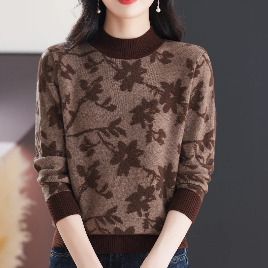 冬季女士半高领圆领套头长袖提花宽松显瘦百搭拼色打底毛针织衫
