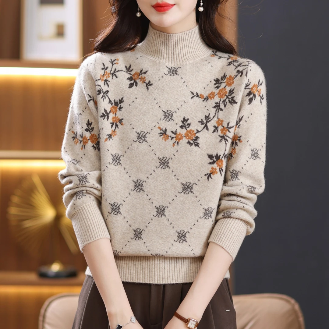 【羊毛衫】秋冬新款女士宽松显瘦半高领时尚提花气质套头针织毛衣女