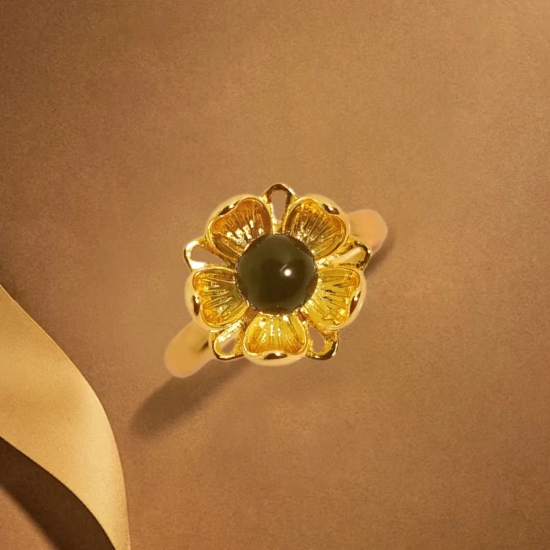 【喜喜甄选】新款5A级净水蓝珀镶嵌重匠合金牡丹花戒指