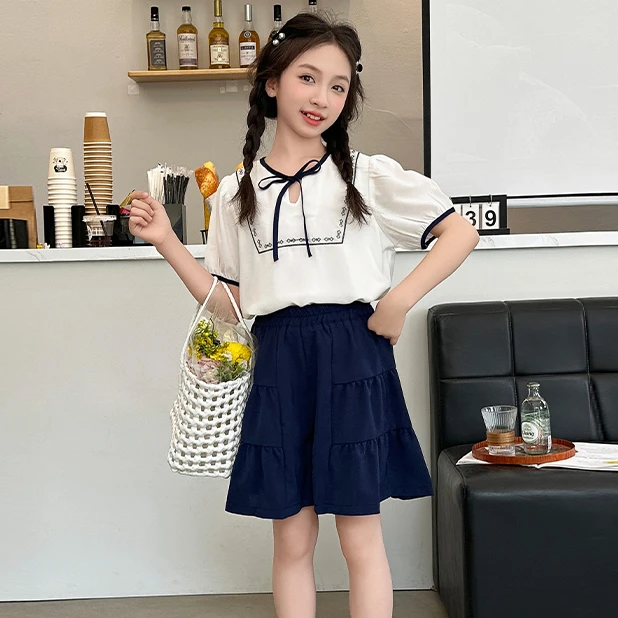 女童夏季套装2024新款儿童雪纺短袖上衣洋气中大童女孩裙裤两件套