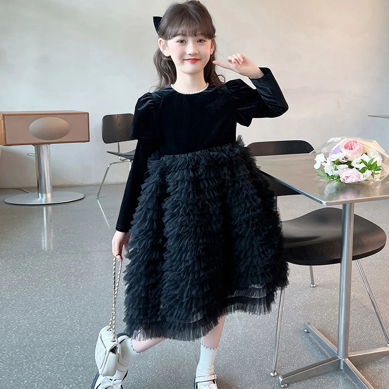 女童连衣裙秋装2025童装公主裙洋气丝绒网纱蛋糕裙黑色礼服蓬蓬裙