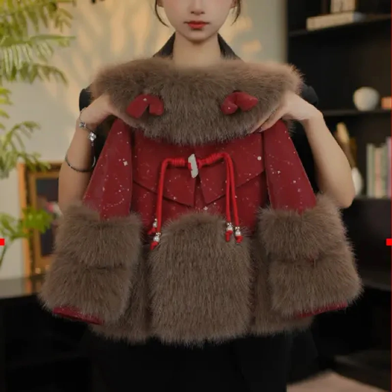 女童仿皮草外套2024新款冬装儿童加绒派克服加厚毛毛过年服毛毛衣