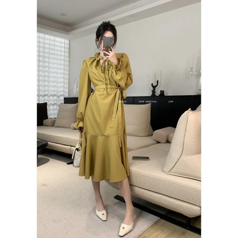 UKILAU春季时尚气质V领绑带荷叶袖长袖收腰设计TR长款连衣裙女