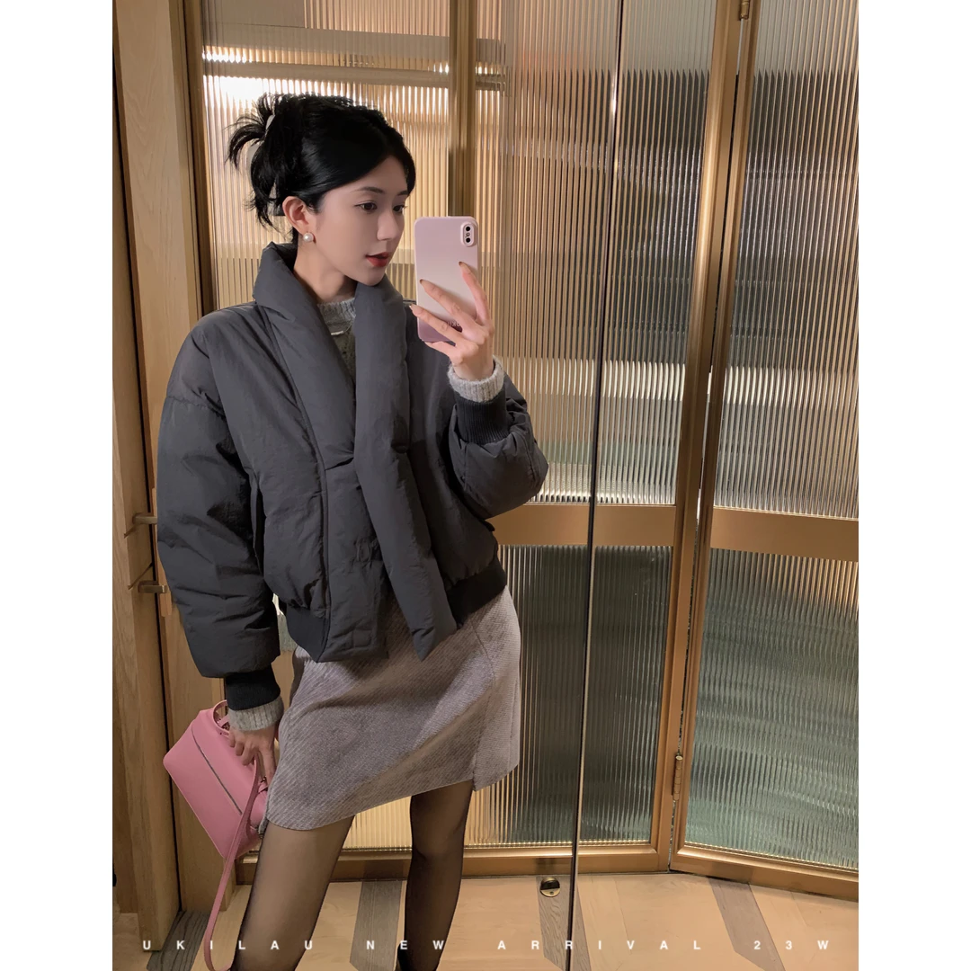 UKILAU此刻羽绒 90白鸭绒短款羽绒棉服加厚保暖V领简约外套
