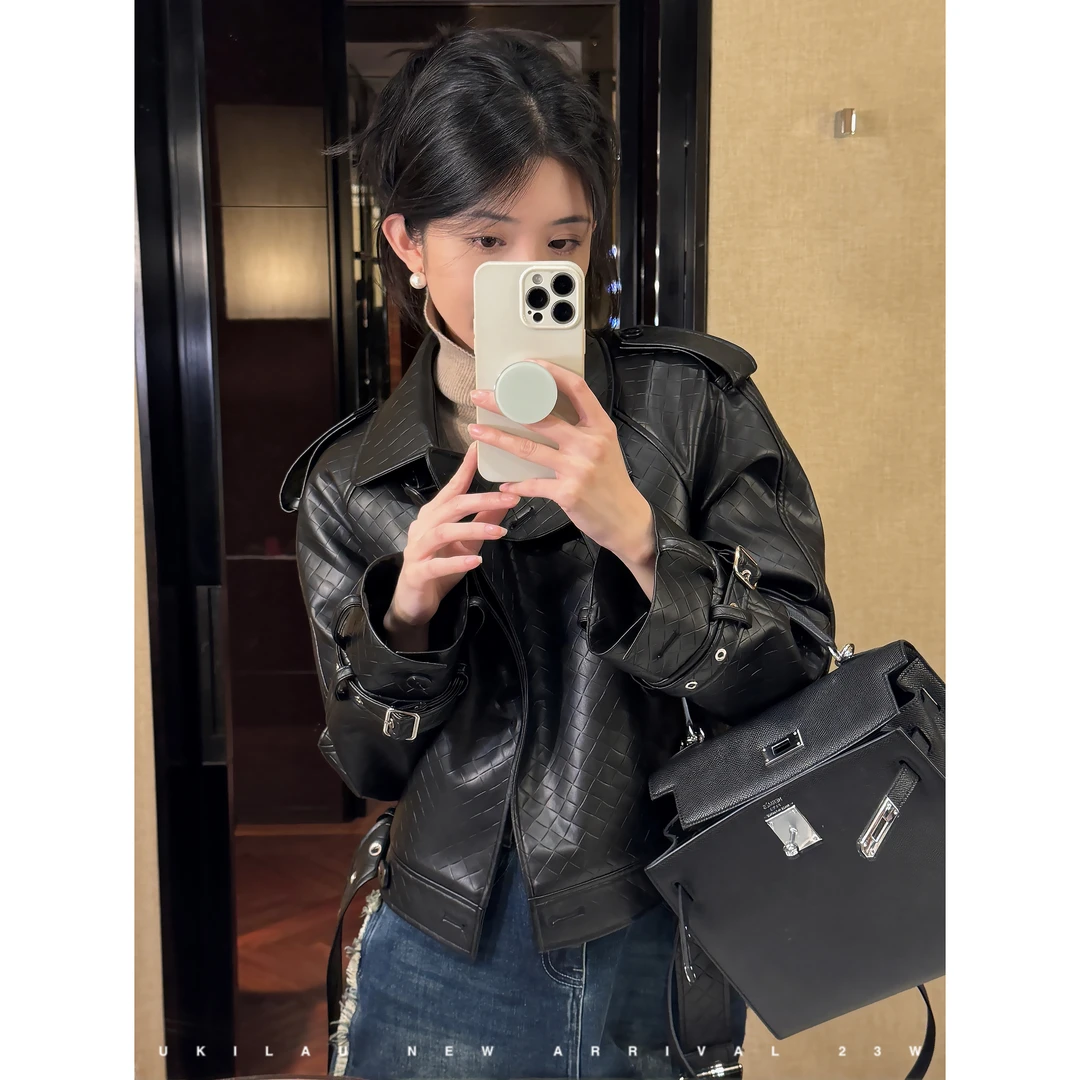 UKILAU奥斯卡 重工机车风方格夹棉皮面黑色翻领短款皮外套夹克