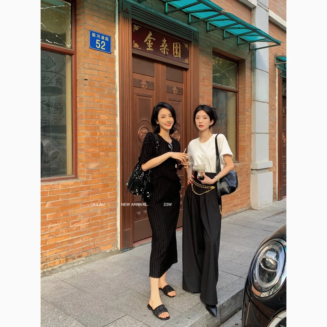 UKILAU竖条纹宽松直筒短袖本身裙女2023春季新款气质时尚休闲套装