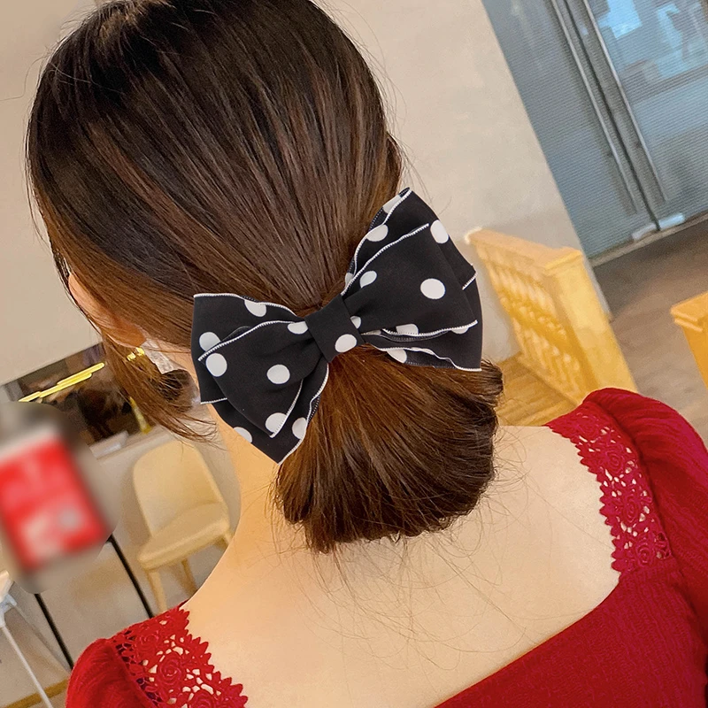 时尚轻奢高级感黑色波点蝴蝶结发夹女后脑勺头花手工发饰网红