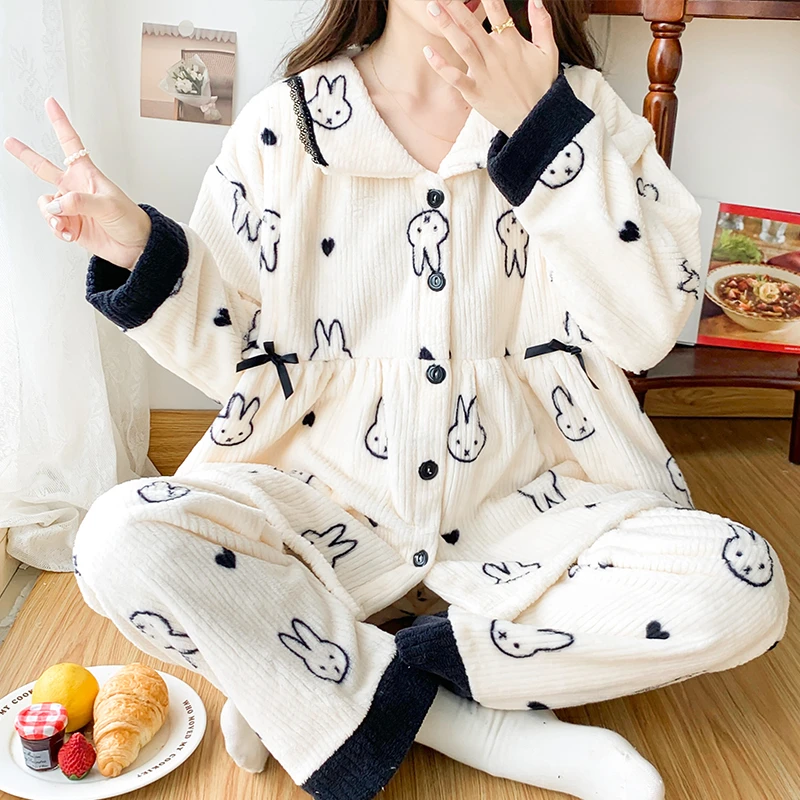法兰绒月子服孕妇睡衣秋冬季加厚保暖珊瑚绒产妇产后哺乳期怀孕期