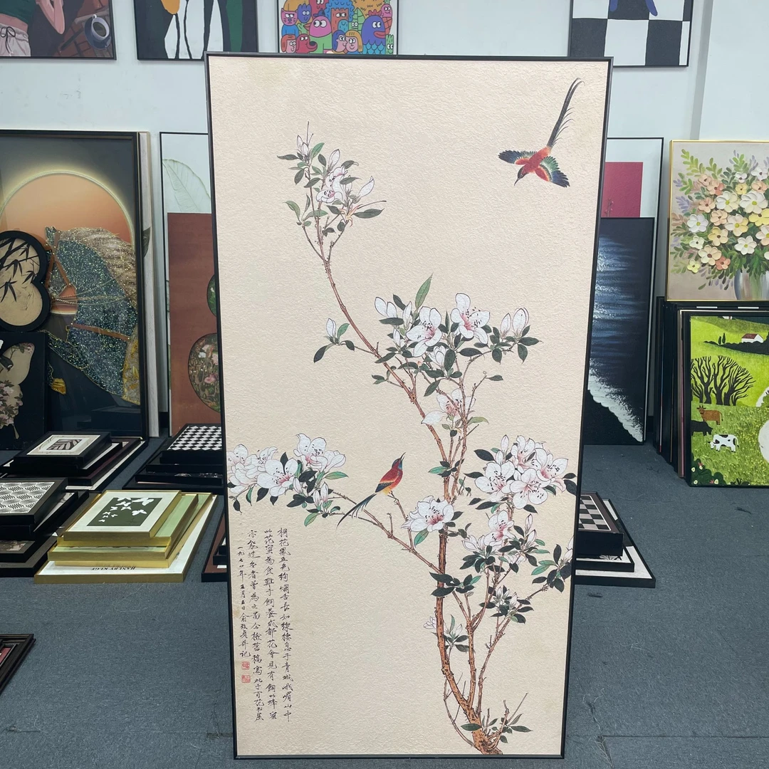 新中式艺术装置书房客厅喜上枝头花鸟图软装玄关大型落地80160