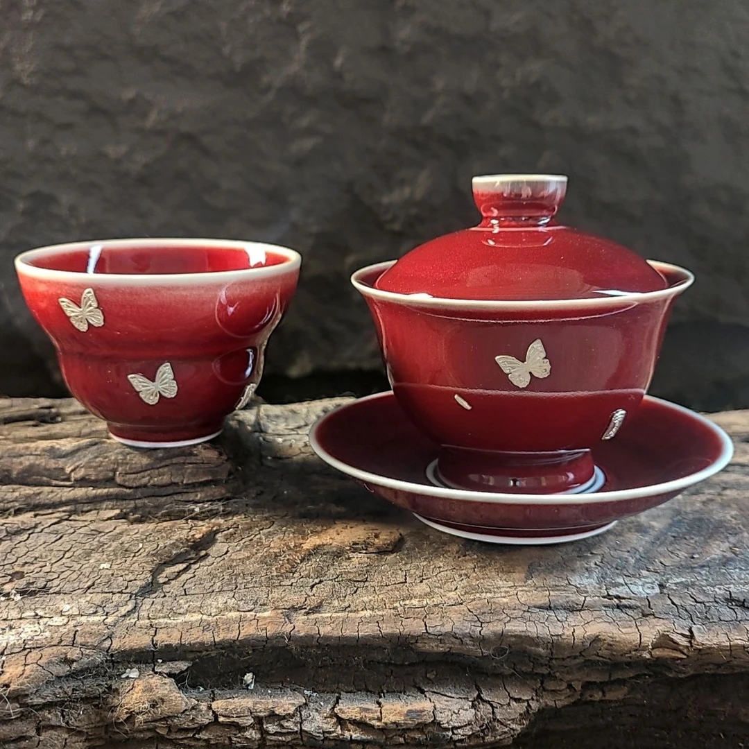 原矿郎红锔钉镶纯银蝴蝶三才盖碗主人杯红瓷功夫手工新款高颜值女