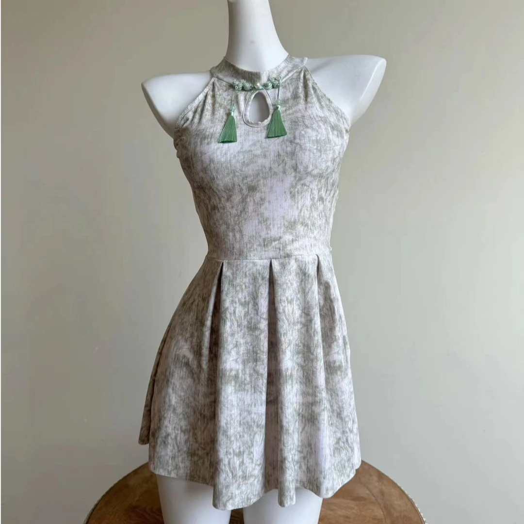 2024新款新中式国风连体裙式泳衣保守显瘦遮肚温泉度假游泳衣4213