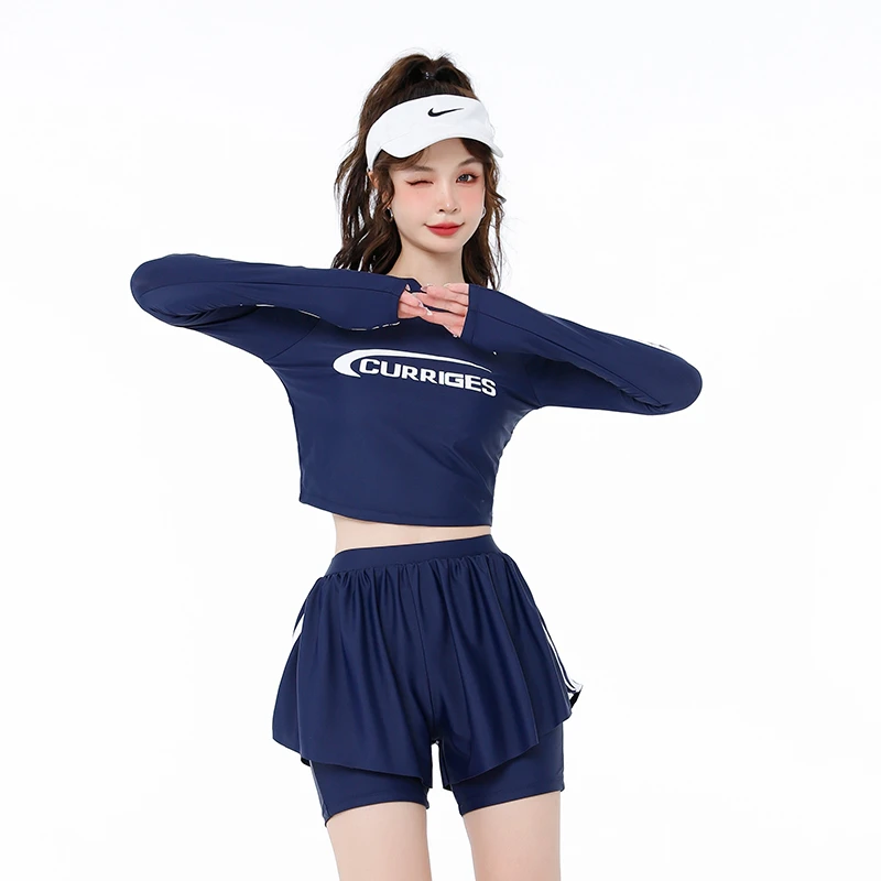 OMOM2024春夏新款运动长袖分体裙式高腰遮肚显瘦温泉女士泳装2312