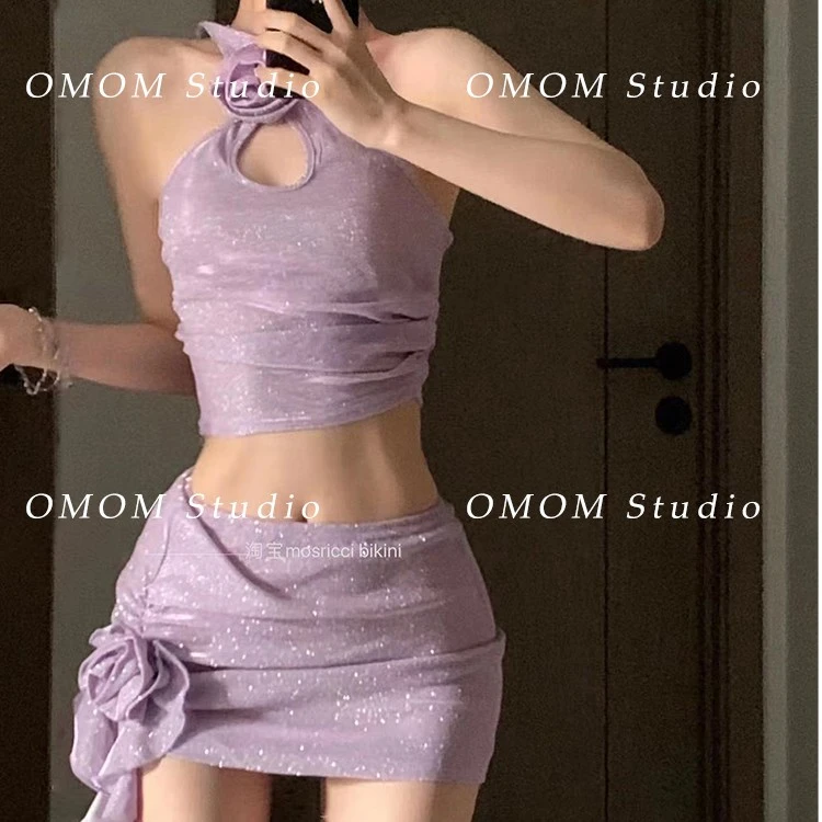 OMOM新款纯欲玫瑰花包裙套装女装辣妹泰显瘦聚拢国分体泳衣女2485