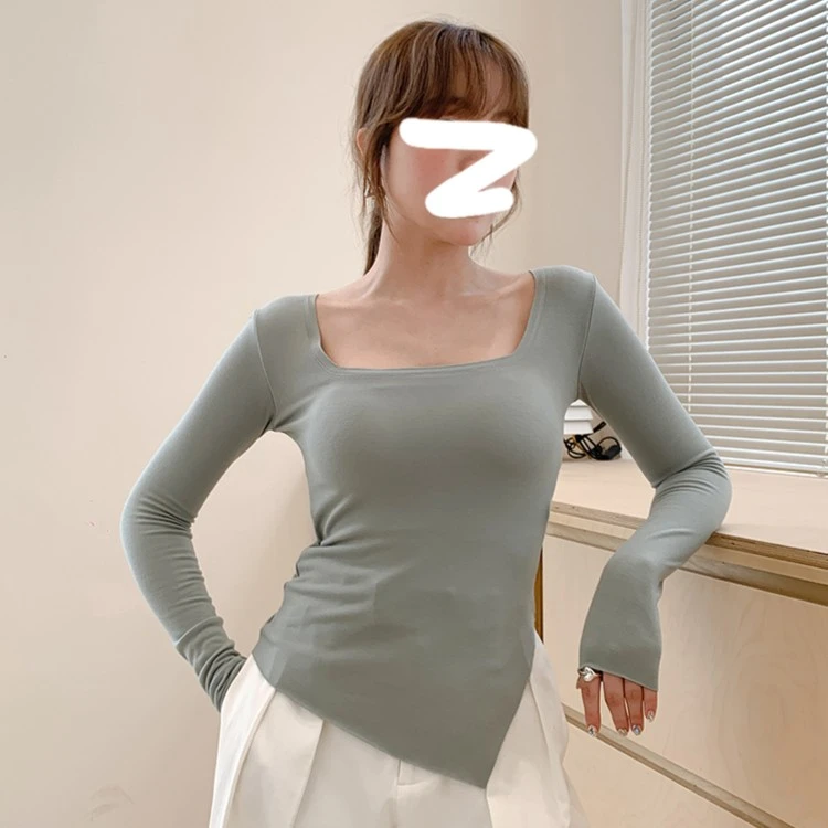 OMOM秋冬新款美雅碧侧开叉方领带胸垫紧身保暖打底衫长袖圆领打底