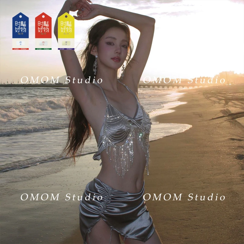 OMOM【高光时刻】亮闪闪泳衣小胸性感比基尼四件套沙滩泳装3529